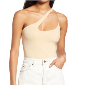 Beige asymmetric one-shoulder bodysuit